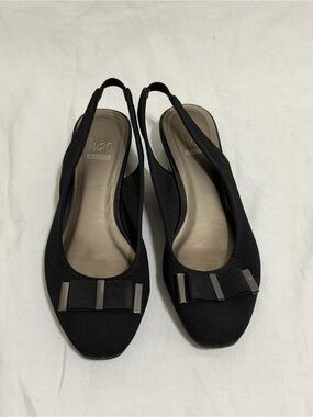 IMPO Stretch Black Slingback Flats Bow Detail Office Shoes Chic